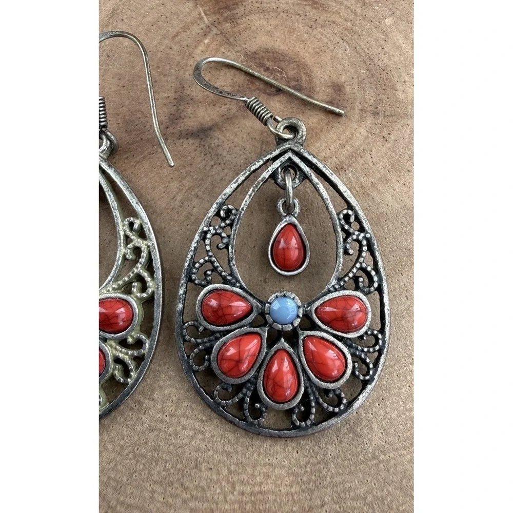 Faux Blue Turquoise & Coral Silver Southwestern Filigree Teardrop Earrings Boho